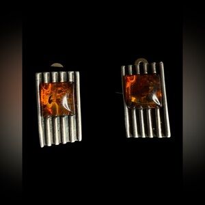 Vintage Sterling Silver Amber Clip Earrings Mid Century Modern 925